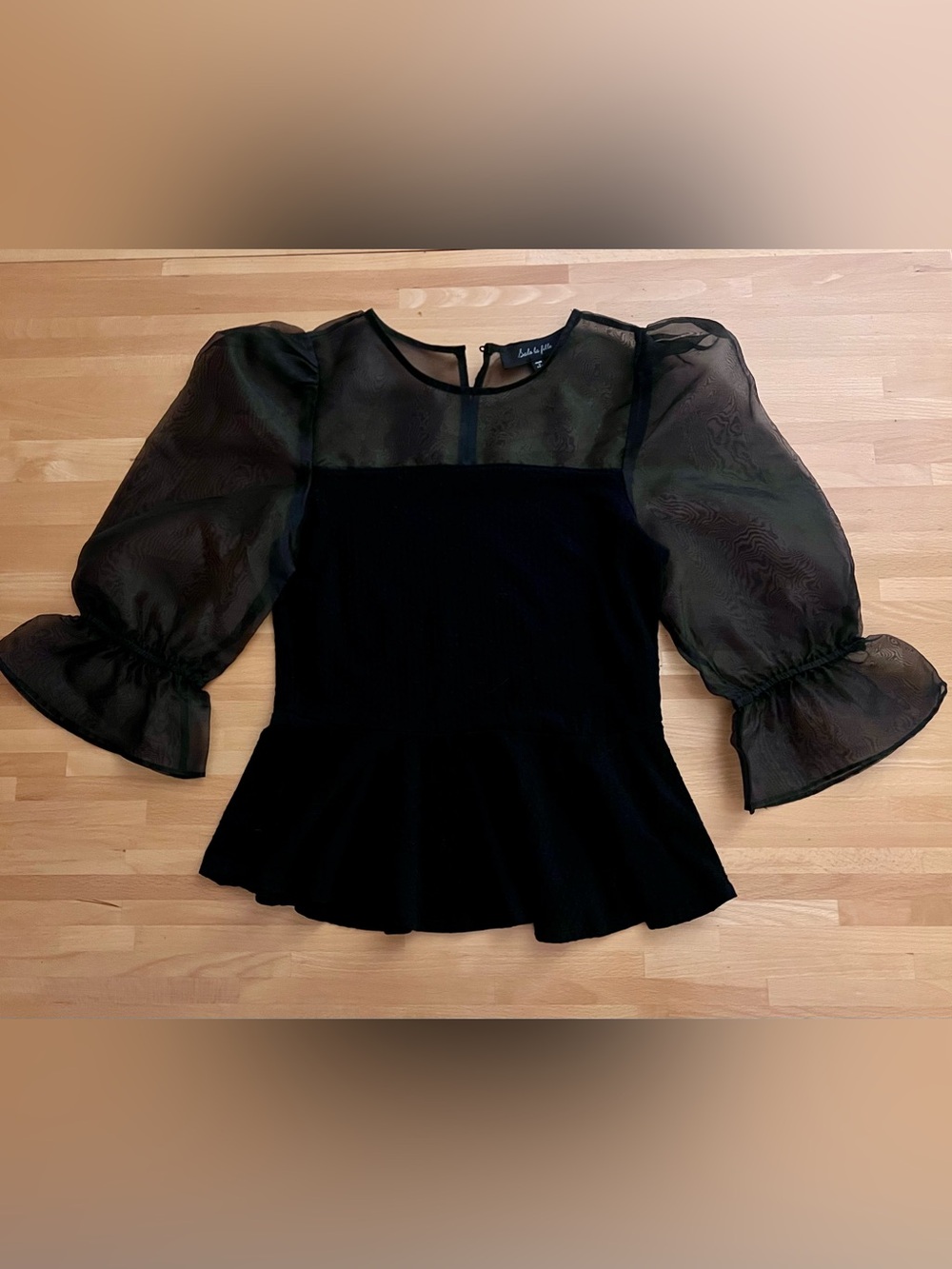 Black Sheer Puff-Sleeve Peplum Blouse size Medium